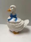 VINTAGE GOOSE COOKIE JAR..CERAMIC..BLUE BOW..ORANGE FEET AND BEAK