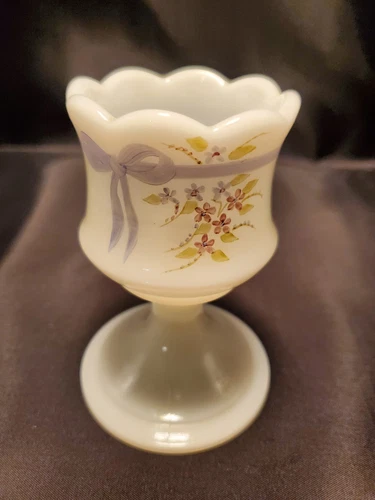 Fenton Hand-painted Artist-Signed Votive Candle Holder Blue Ribbon Pink Blossoms