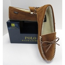 Polo Ralph Lauren Slippers Men 12 Biege Tan Markel V Moccasin Faux Fur Lining