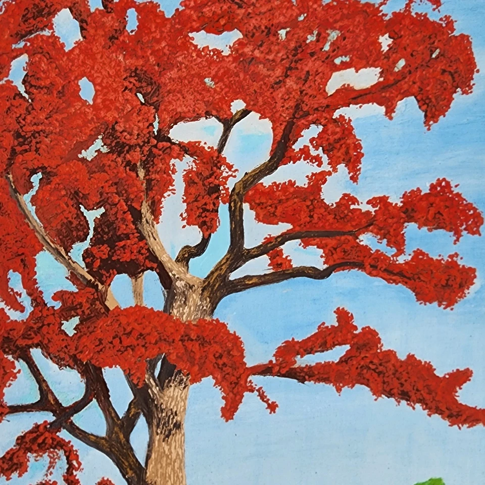Pintura de paisaje de árbol de Poinciana real estilo salteador de Florida firmada enmarcada Foto 3 de 4