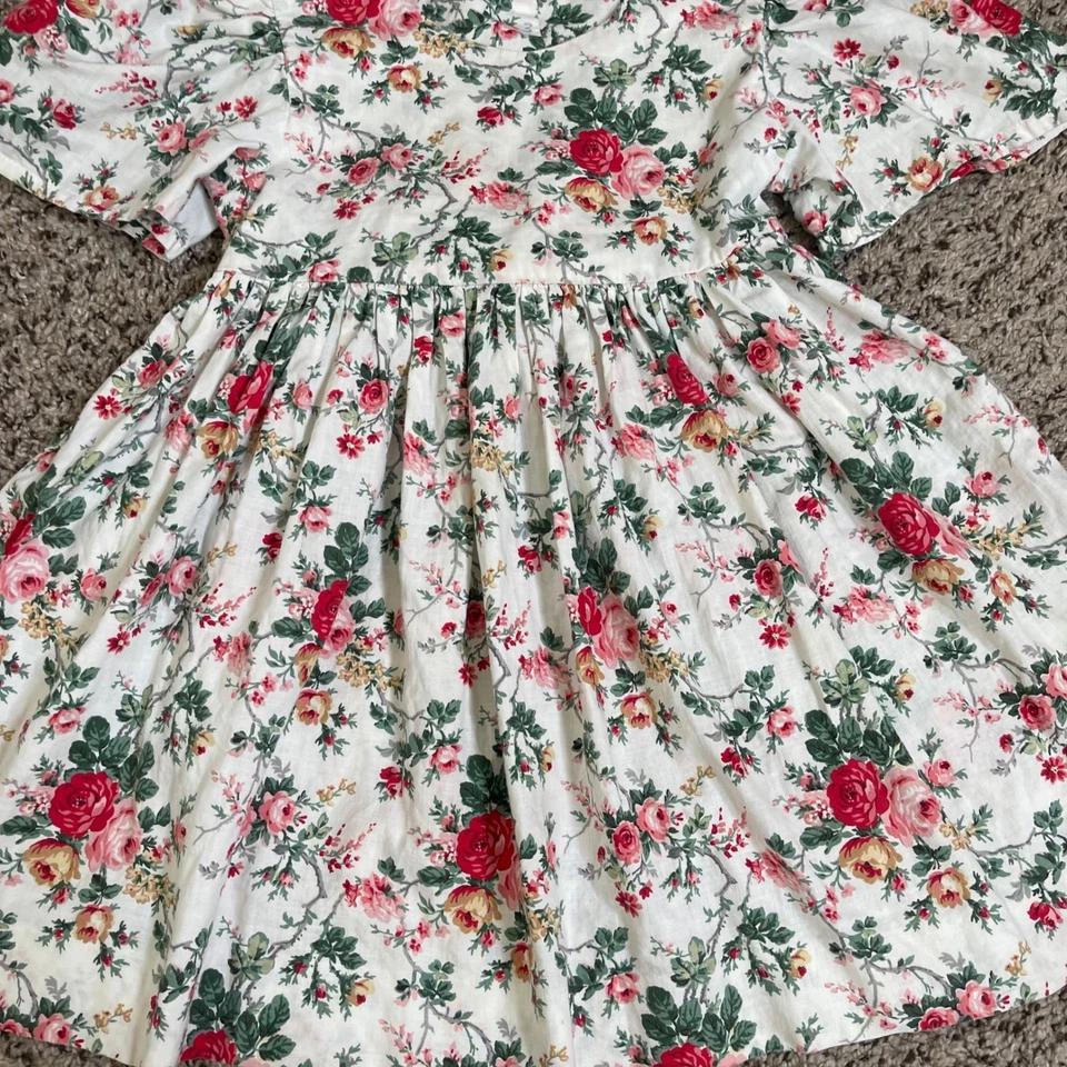 Vintage Handmade Girls Floral Circle Dress 3 Rose Puff Sleeve Cottagecore - Image 4 of 4