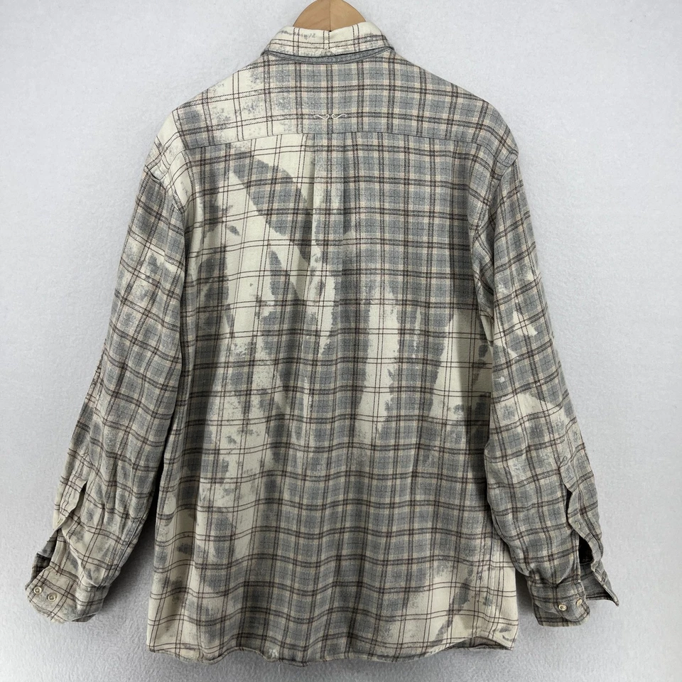 Camisa masculina FRANKLIN FLANNELS L upcycled tingida de alvejante xadrez cinza Tennessee EUA VINTAGE - Imagem 3 de 4