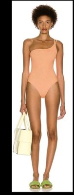 Jonathan Simkhai One Shoulder Swimsuit Papaya Orange Textured Small Resort Palm