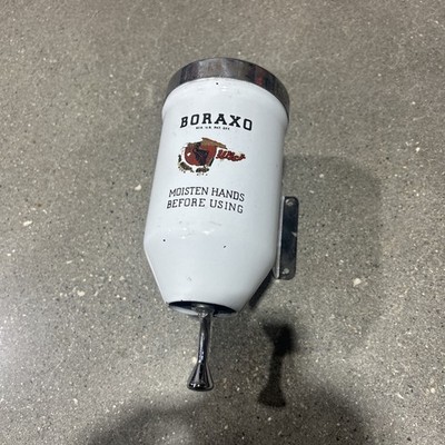 VINTAGE BORAXO SOAP DISPENSER WITH CHROME LID AND PLUNGER. EXCELLENT ITEM