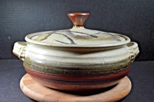 Handcrafted Vintage Neutral Pottery Covered Casserole Handmade Signed