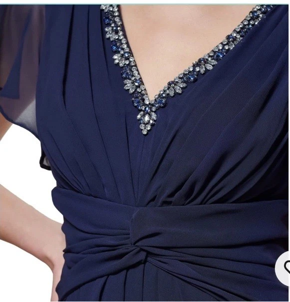 Vestido Eliza J Talla 14 Azul Marino Cintura Torcida Gasa Manga Acampanada Cuentas Cuello en V Foto 3 de 4