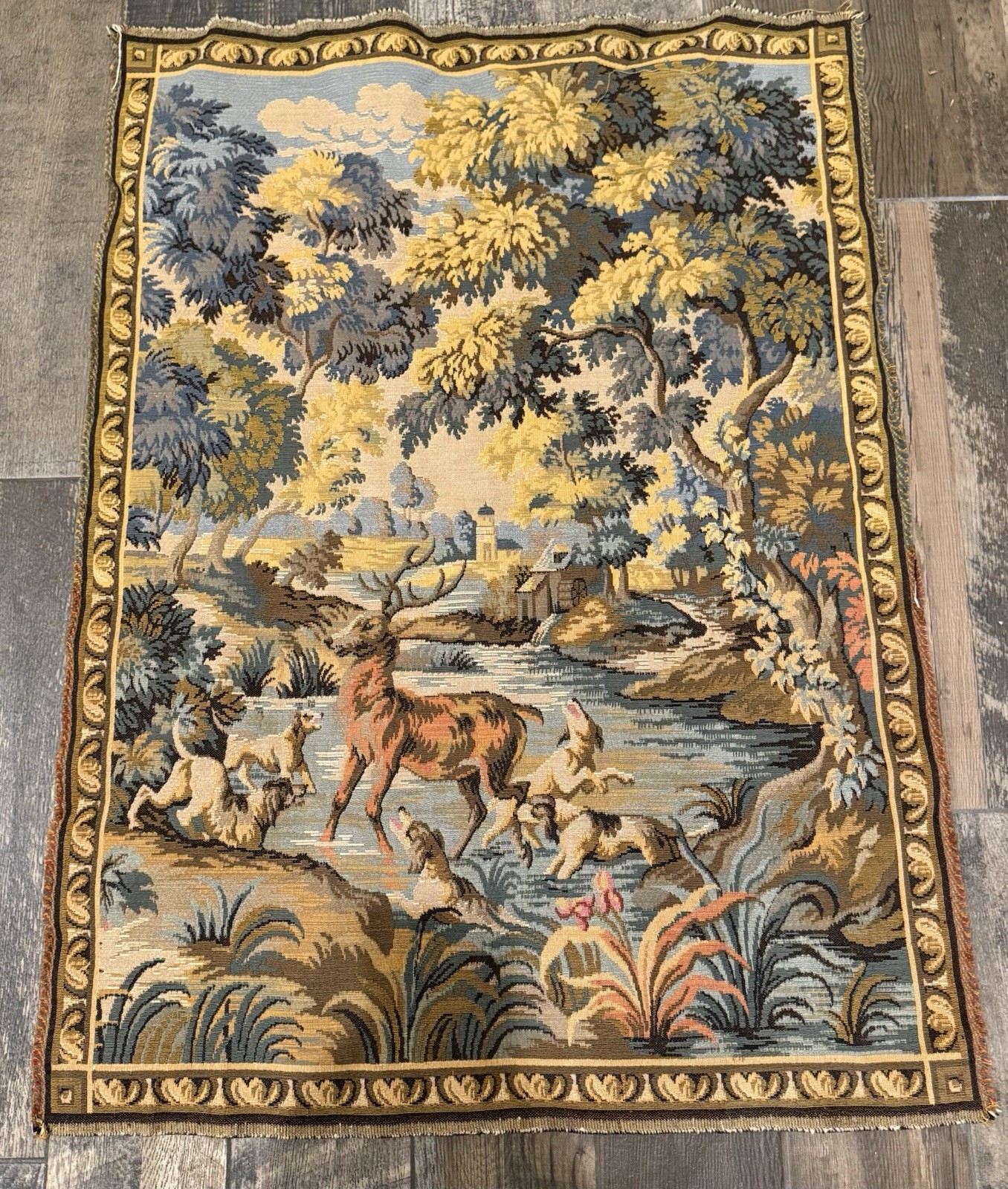Vintage Style Aubusson Belle Tapestry"Scène Chasse Chiens Cerf Riviere" 43x32