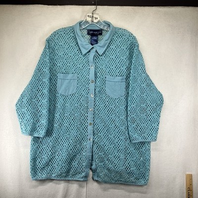 Women's 1X Button Up Top Collared Sheer Knit Crochet Style Light Aqua Pearl