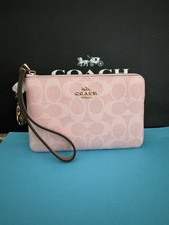 NWT Coach Corner Zip Wristlet In Signature Canvas With Charms Gold/Powder Pink