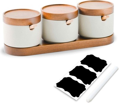 3-Pa Ceric Spice Jars with Spoons & Acacia Wood Lid - Sr Container,