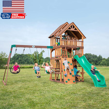 Highlander Cedar Wood Swing Set with Wave Slide Three-Story Clubhouse Rock Wall