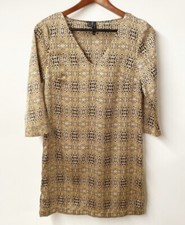 MNG by Mango Women’s Golden Animal Print 3/4 Sleeves V-Neck Straight Dress  10