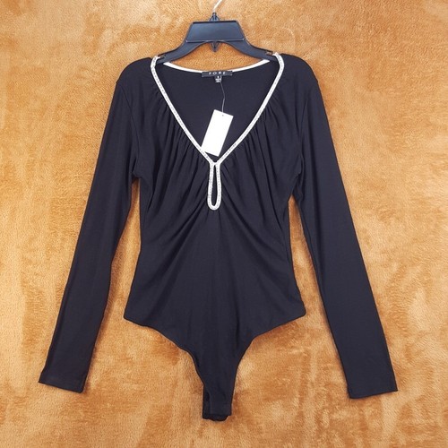 FORE Top Womens Small Black Bodysuit Rhinestone Keyhole VNeck Stretch Bling