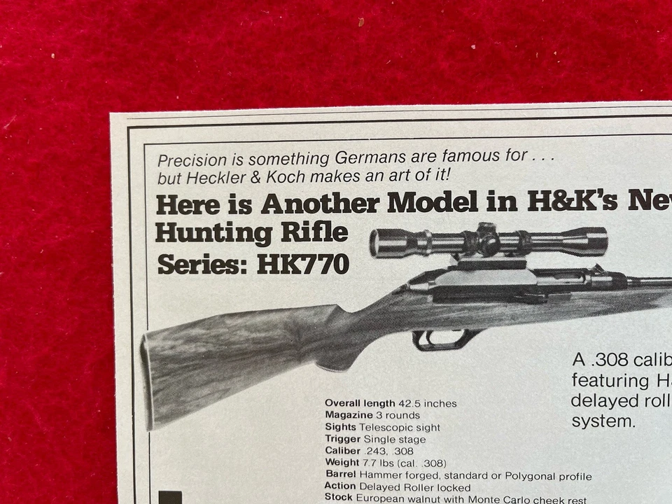 Anuncio impreso vintage 1980 Heckler & Koch HK 770 .308 rifle de caza anuncio Foto 3 de 4