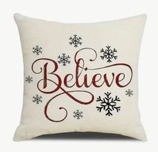 BELIEVE Snowflake Christmas Throw Pillow Cover Winter Holiday Home Decor 18x18”