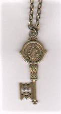 Handsome Brasstone St. Benedict PAX Seal Medal Key Pendant Necklace