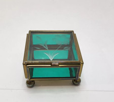 Brass Glass Mini Trinket Box Footed Etched Floral Mirrored Bottom Green Sides