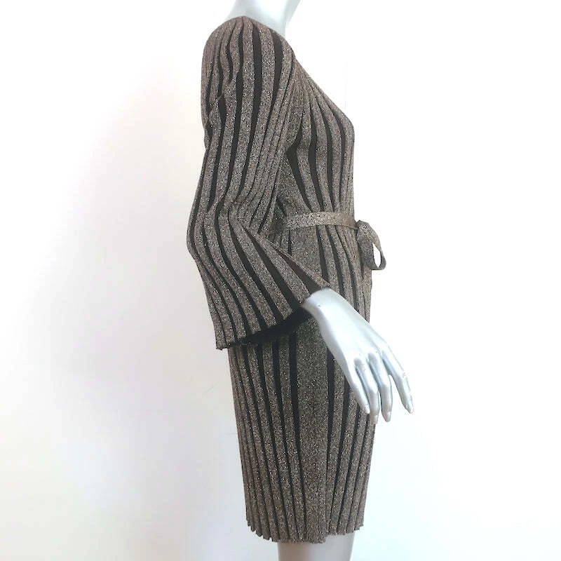 Alice + Olivia Belted Mini Dress Gold/Brown Metallic Ribbed Knit Size Medium - Image 4 of 4