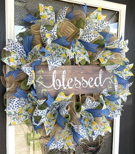 25" Blessed Lemons Blue Floral Spring Summer Deco Mesh Wreath Farmhouse Cottage - Picture 3 of 6