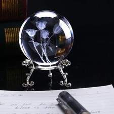 Rose Crystal Ball Miniature 3D Laser Engraved 80mm Globe Glass Sphere Home Decor