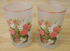 BRILIANT Frosted Juice Glass Tumbler w/Red Roses in Basket - Set of 2
