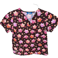 Scrub Top Brown Pink Orange Owls Scrub Wear Medical RN LPN TECH Pediatric Sz M