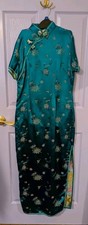 VTG Women's Qipao Cheongsam Chinese Dress Turquoise Floral Print Short Sleeve
