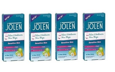 Jolen Bikini & Achsel Wachsstreifen für empfindliche Haut, 16 Wachsstreifen, 4er Pack