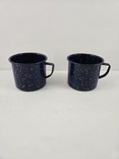 2 Vintage Blue Enamelware Coffee Mug 3  Tall Speckled Enamel Camping Cup Chips