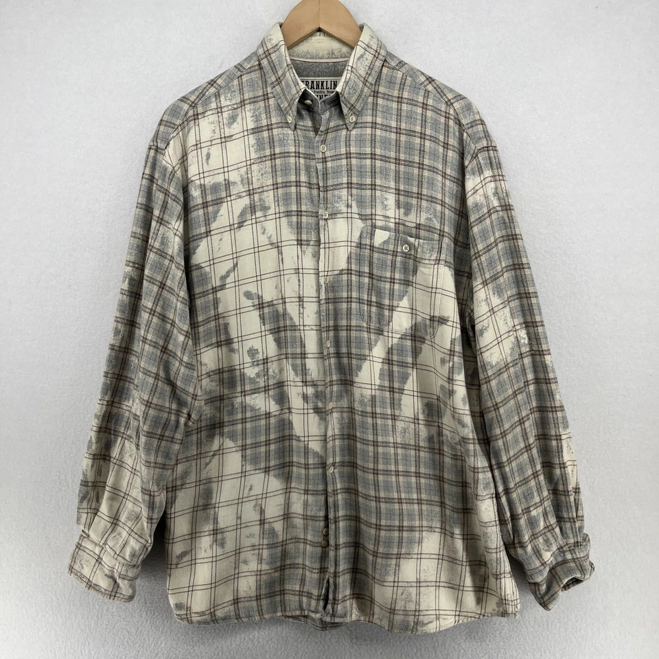 Camisa masculina FRANKLIN FLANNELS L upcycled tingida de alvejante xadrez cinza Tennessee EUA VINTAGE - Imagem 2 de 4