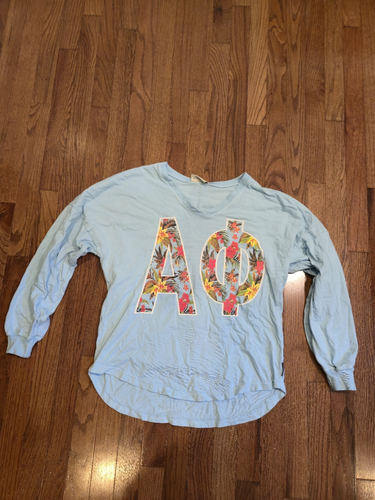 Alpha Phi Sorority T Shirt Long Sleeve Spirit Jersey Sz S Light Blue - Picture 1 of 3
