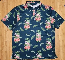Yatta Golf Polo Shirt Mens Large Blue Pink Flamingo Floral Performance Hawaiian