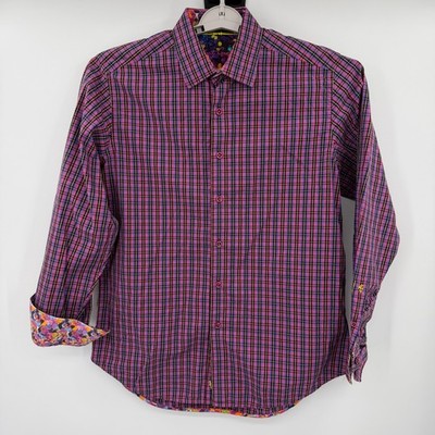 Robert Graham Mens Purple Pink Plaid Gold Metallic Button Down Shirt M