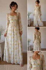 Vintage Floral Maxi Dress Prairie Cottagecore Empire Waist Sheer Long Sleeve