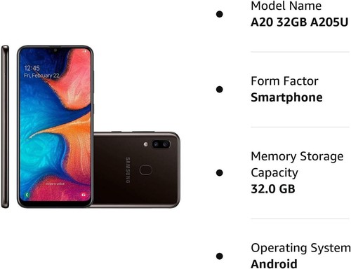 Excellent! GSM Unlocked 6.4" Samsung Galaxy A20 SM-A205U 32GB Black Smartphone - Afbeelding 6 van 6