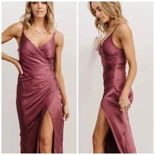 Baltic Born Monet Gown Dress Deep Mauve Pink V-Neck Gathered Waist Slit XL NEW!