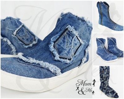 Scarpe donna Nnuovo Jeans materiale elastico piatto Denim Tessuto Ginocchio  Stivaletti | eBay
