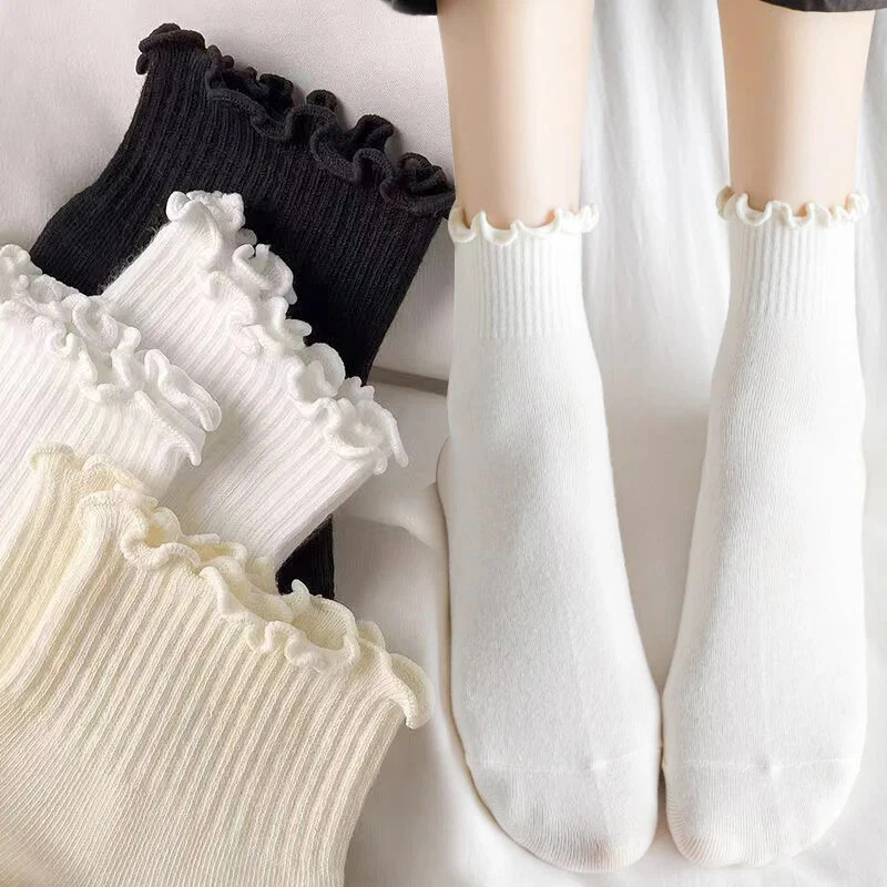 6Pair Women's Ruffle Socks Casual Breathable Knit Cotton Soft Frilly Crew Socks - Image 3 of 4