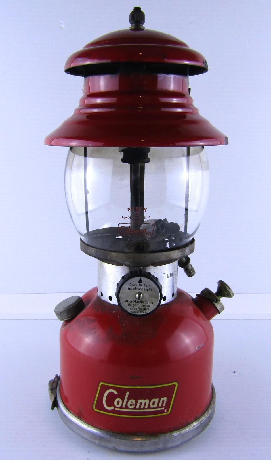 Vintage Coleman 200A Model Kerosene Lantern, Red Porcelain, Pyrex Globe