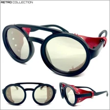 Men's RETRO STEAMPUNK Cyber SUNGLASSES Goggles Round Black Frame Leather Blinder