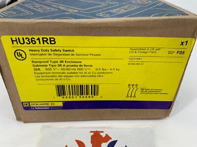 Square D HU361RB N 30A 600V 3-Phase Non-Fused Disconnect Switch, NEMA 3R Enclosure, New