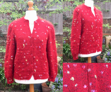 Handmade Knitted Cardigan, Bright RED Wool & Angora, Polka Dot, Heavy, MED, NEW