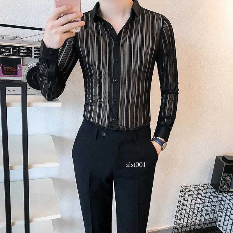 Mens See Through Long Sleeve Slim Fit Lace Shirts Tops Nightclub Summer Blouses - Image 2 of 4