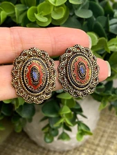 Sarah Coventry Enamel Earrings Twisted Rope Border Japaned Gold Tone Clip On