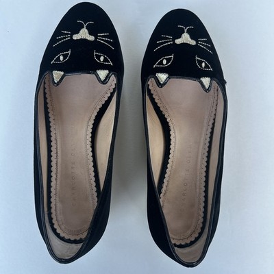Charlotte Olympia Kitty Shoes Black Velvet Embroidered Cat Face Size 5 / 35 1-2
