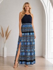 J Crew Womens Blue Geo Print Sleeveless Maxi Dress Size 0 Resort Fall Chic