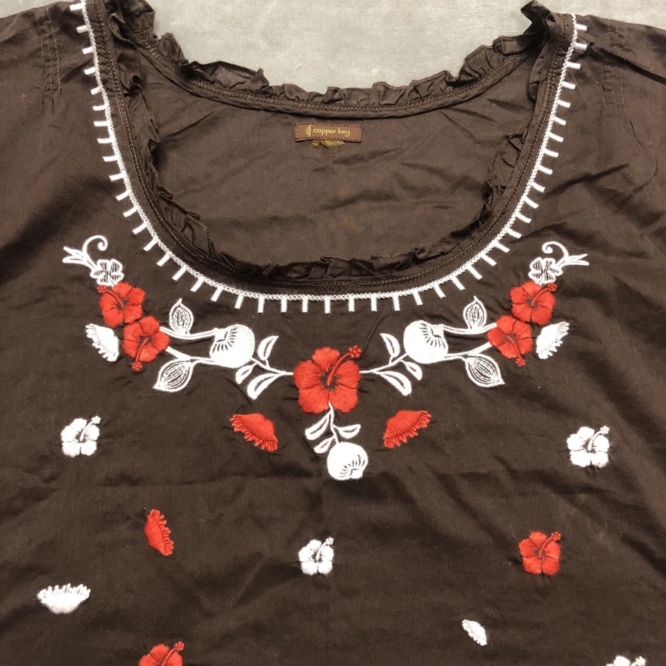 Copper Key Top Women’s M Brown Floral Embroidered Blouse Peasant Boho Ruffle Y2K - Image 3 of 4