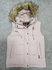 BNWOT Superdry Pink Puffer Coat Jacket Gilet Waistcoat Size 10 Fur Trim Hood