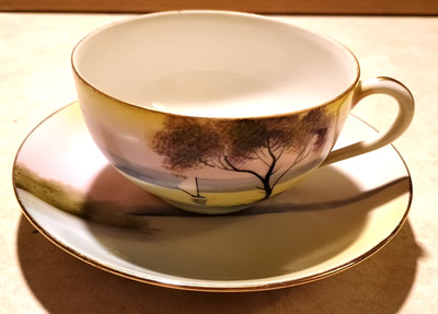 Vtg Antique Noritake Hand Painted Lake Sail boat Trees Tea Cup & Saucer Japan