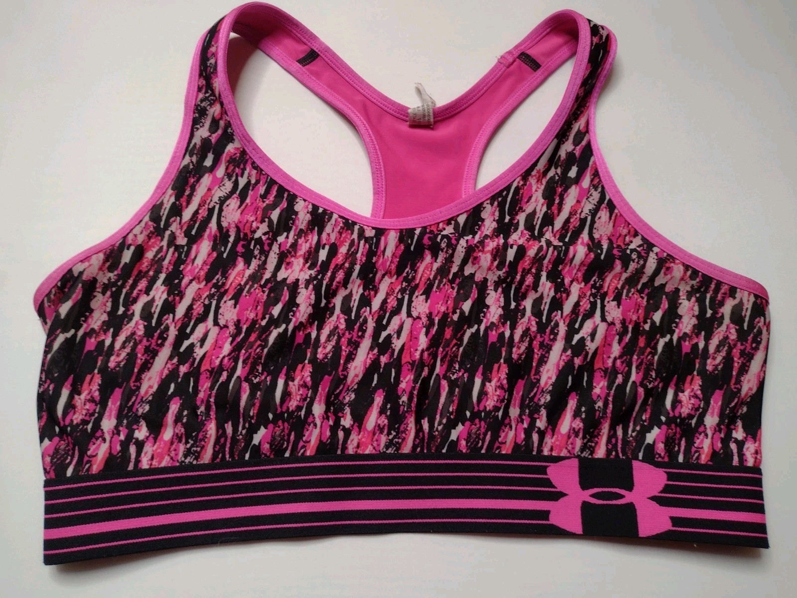 Under Armour Sports Bra Large Pink Splatter Wireless Racerback Active Yoga A15